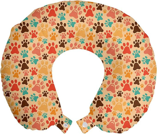 Ambesonne Dog Lover Travel Pillow Neck Rest, Colorful Paw Print Pattern with Various Sizes Abstract Animal Canine and Feline, Memory Foam Traveling Accessory for Airplane and Car, 12", Coffee Brown
