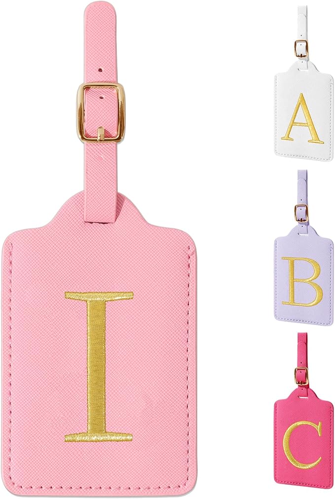 Personalized Initial Luggage Tags for Suitcase, Pink Leather Cute Luggage Tags with Privacy Cover Name Card, Embroidered Custom Monogrammed Luggage Tag Travel Bag Baggage Tags Gifts for Women Kids(I)