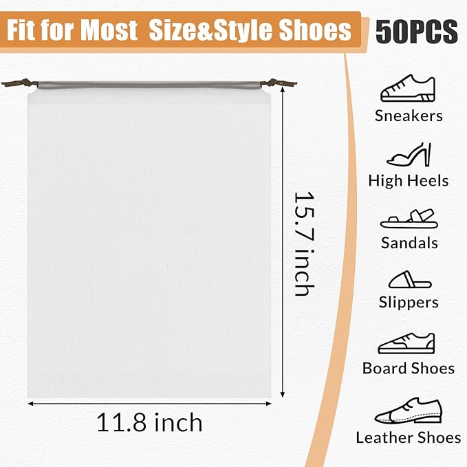 50pcs Clear Shoe Bags for Travel, 15.7" x 11.8" Waterproof Dust Bags with Drawstring, Portable Storage for Men and Women (Pack of 2)