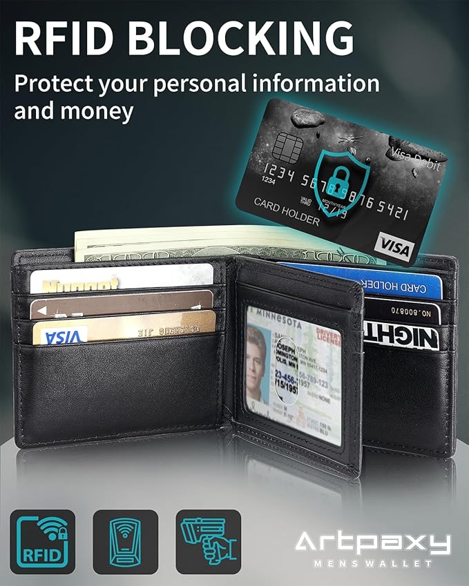 Mens Wallet With AirTag Holder, Bifold Leather RFID Blocking 1-2 ID Windows 12-13 Card Holders, Gift Box and Screen Protector Included, AirTag Not Included