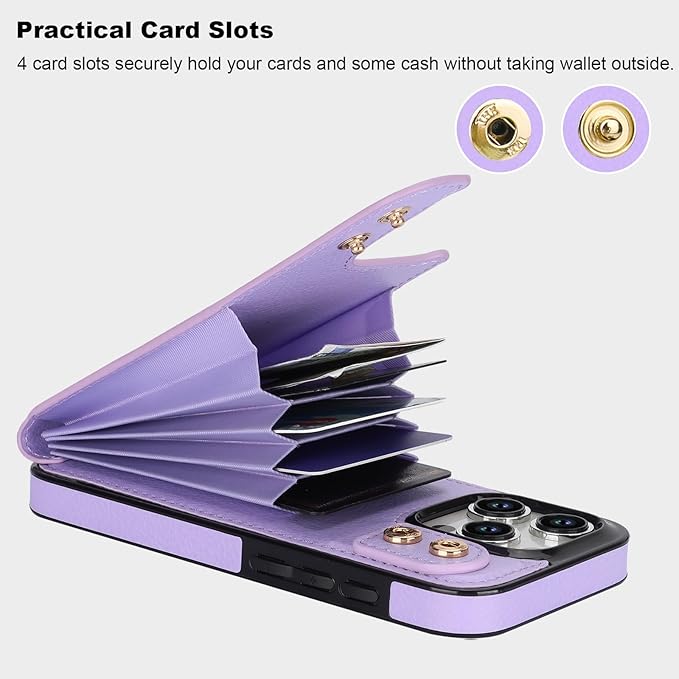Folosu Compatible with iPhone 15 Pro Case Wallet with Card Holder, 360°Rotation Finger Ring Holder Kickstand, RFID Blocking Leather Protective Double Buttons Shockproof Cover 6.1 Inch Purple
