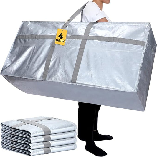 4 Pcs 96 Gallon Large Moving Bags with Zipper and Handles Foldable Storage Duffle Bags Heavy Duty Extra Large Totes for College Dorm Travel Clothes Blankets Bedding Moving (Silver)