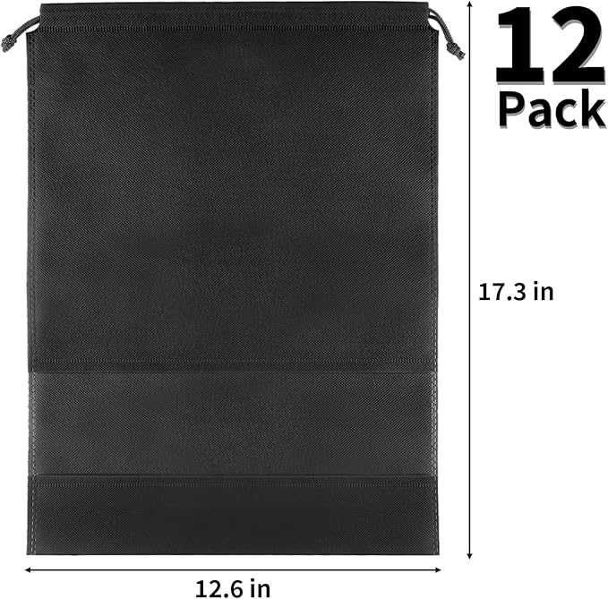 12 Pack Large Shoe Bags for Packing with Clear Window, Dustproof Drawstring Travel Shoe Storage Bags for Men & Women, Black
