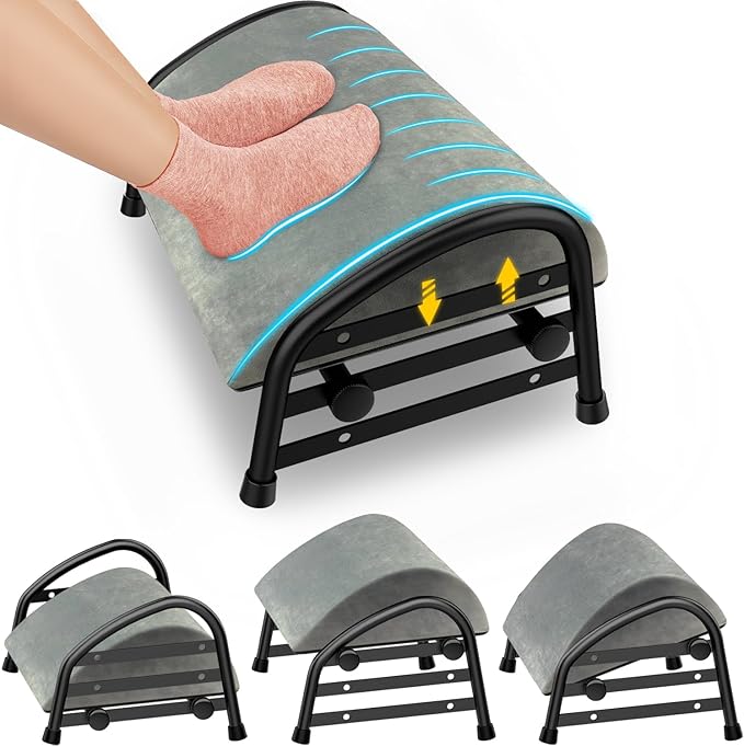 Adjustable Foot Rest for Under Desk at Work, Velvet Under Desk Footrest with Metal Frame, Padded Foot Stools for Under Office Desk, Ergonomic Leg Rest for Desk Chair, Car, Computer - Gray