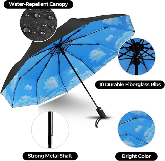 LLanxiry Compact Travel Umbrella, Automatic Open/Close Windproof Umbrella, 10 Fiberglass Ribs, 210T Pongee, UPF 50+ Sun/Rain, Lightweight Portable Umbrellas Travel Size with Carry Sleeve