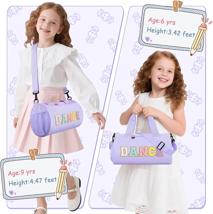 Dance Ballet Bag for Girls, Personalized Sport Gym Workout Toddler Duffel Bag Small Cheer Dance Bags, Cute Chenille Letter Waterproof Duffel Bags Gifts for Teens Girl Dancers Athletes(Purple)