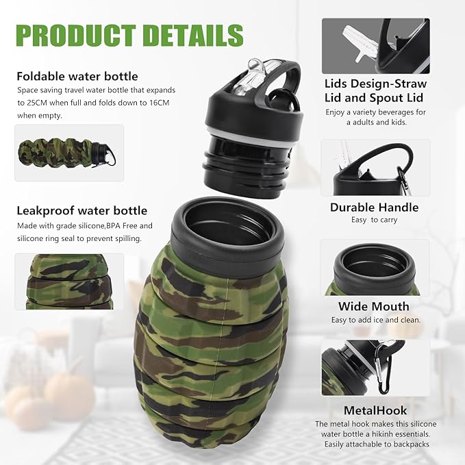 Collapsible Travel Water Bottle18oz, Reuseable Silicone Foldable Water Bottles for Gym Camping Hiking, Portable Leak Proof Sports Water Bottle with rugby Carabiner (Grey)