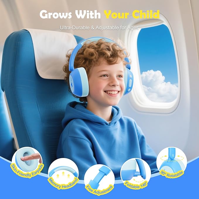 Nova1Star Active Noise Cancelling Headphones for Kids, 70H Play Time,Bluetooth6.0,3-Level Volume 75/85/94dB,ANC Safe Wireless Listen, Fast Charging,with Mic,for School,Travel & Airplane