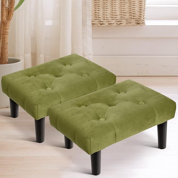 HOUCHICS Small Footstool Ottoman,Velvet Soft Footrest Ottoman with Wood Legs,Sofa Footrest Extra Seating for Living Room Entryway Office(Green 2PACK)