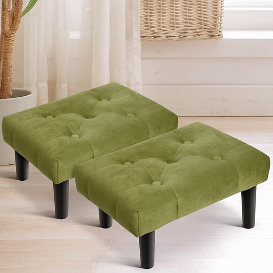 HOUCHICS Small Footstool Ottoman,Velvet Soft Footrest Ottoman with Wood Legs,Sofa Footrest Extra Seating for Living Room Entryway Office(Green 2PACK)