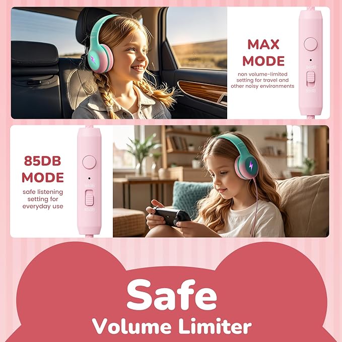 Kids USB C Headphones for School, 2025 Upgrade Safe Listening Wired Over-Ear Headphones with LED Lights, Volume Limiter & Microphone, Foldable Design for iPhone 16, iPad, Tablet (Green Pink)