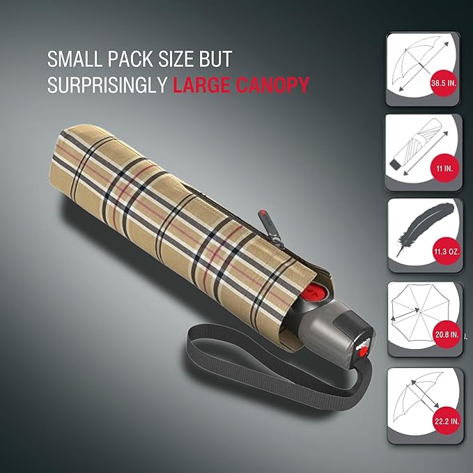 Knirps T.200 Duomatic Compact Rain Umbrella in Check Beige– Wind Tunnel Tested to 93 mph, Aluminum Steel Fiberglass Frame, 38in Canopy, OEKO-TEX, High-Performance Automatic Travel Umbrellas