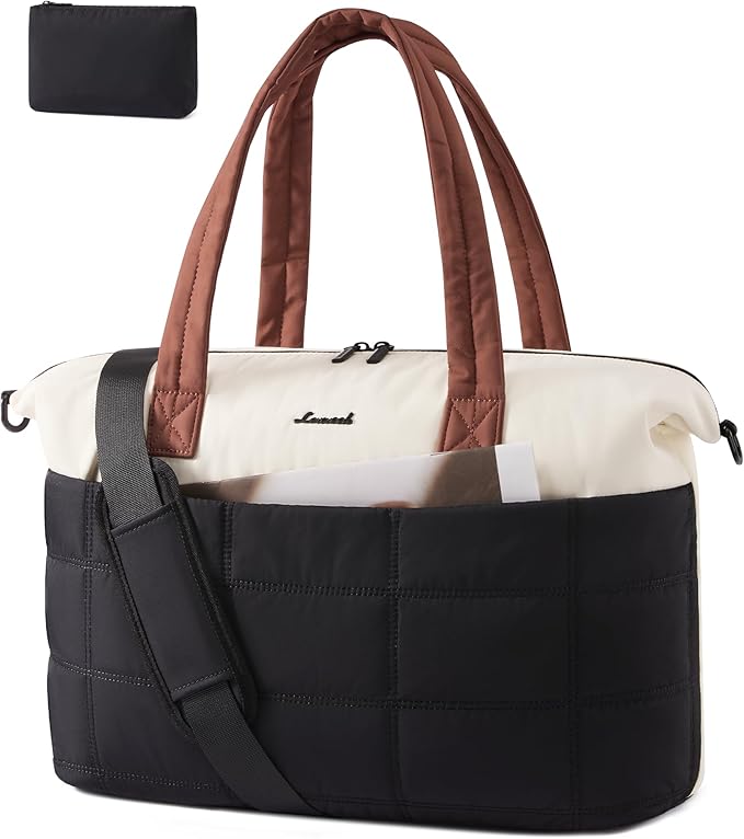 LOVEVOOK Quilted Duffle Bag for Travel,48L Gym Bag for Women with Wet Pocket,Water Resistant Weekender Overnight Bag Tote Bag for Women with Laptop Compartment(Black White Brown)