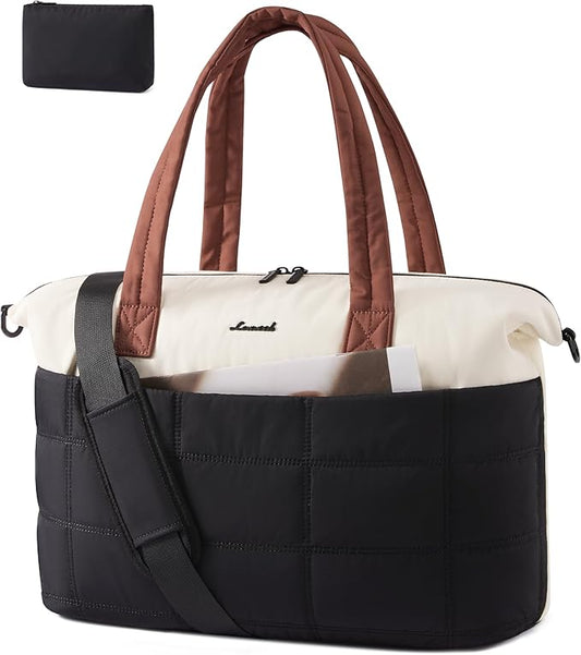 LOVEVOOK Quilted Duffle Bag for Travel,48L Gym Bag for Women with Wet Pocket,Water Resistant Weekender Overnight Bag Tote Bag for Women with Laptop Compartment(Black White Brown)