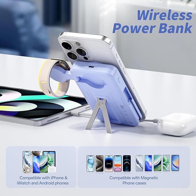 Magnetic Portable Charger Built-in Cables,10000mAh Fast Charging Wireless Charger Station External Battery Pack Slim Pocket Size Power Bank with Stand Compatible with iWatch, iPhone and Android Phones