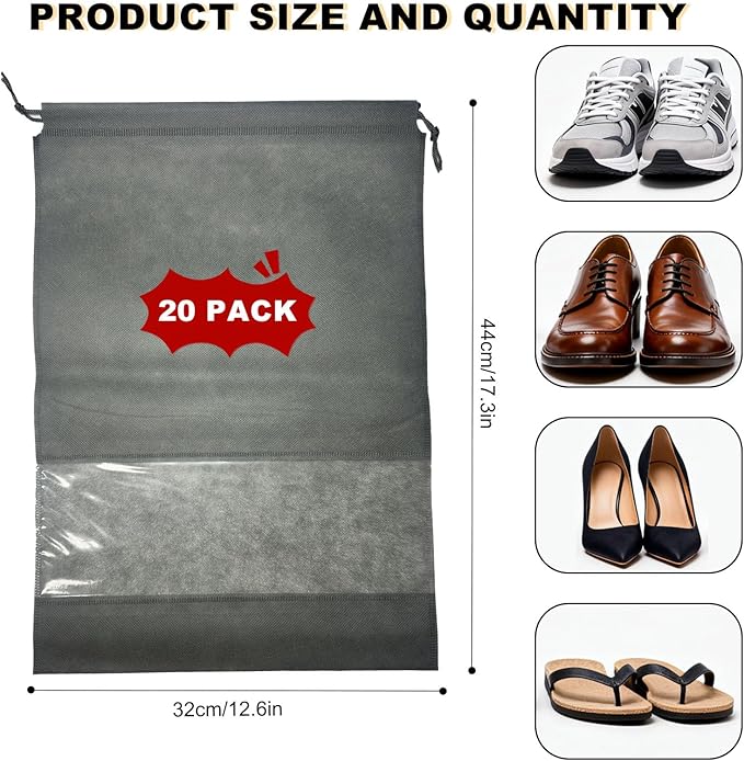 20 Pack Shoe Bags for Travel, 17" x 12.6" Drawstring Shoe Organizers with Clear Window, Breathable Non-Woven Dustproof Pouches for Luggage & Closet (Gray)