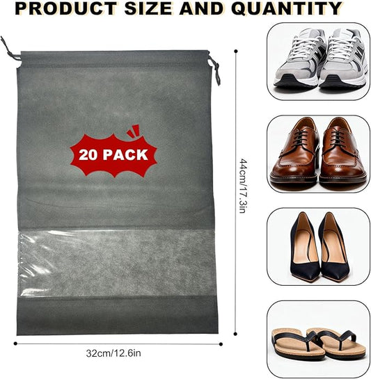 20 Pack Shoe Bags for Travel, 17" x 12.6" Drawstring Shoe Organizers with Clear Window, Breathable Non-Woven Dustproof Pouches for Luggage & Closet (Gray)