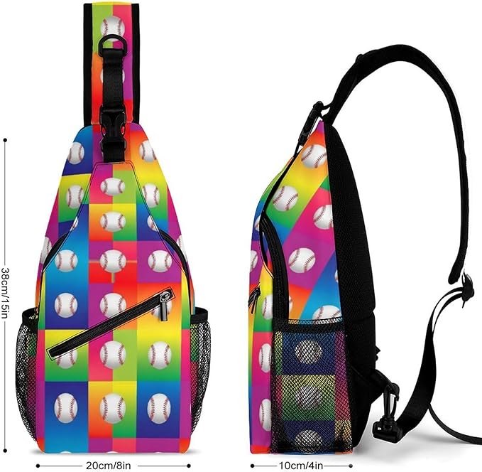 SWEET TANG Womens Fashion Gym Bags Anti Theft Crossbody Shoulder Chest Bag with Small Pocket, Multipurpose Daypack Bag for Cycling Traveling Hiking, Rainbow Baseball