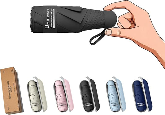 BAODINI Travel Essentials Mini Umbrella for Purse With Case Small Compact UV Sun Protection Lightweight Tiny Pocket Manual Open Close Umbrella for Women Kids and Men Fit Purse Backpack