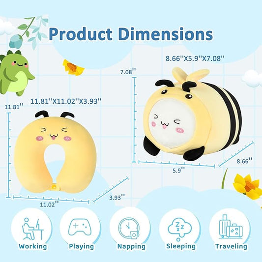 Kids Travel Pillow - 2-in-1 Deformable Kids Neck Pillow for Traveling, Soft U-Shaped Pillow with Adorable Animal Design, Comfy Sleep and Play, Ideal for Airplane Traveling - Yellow Bee