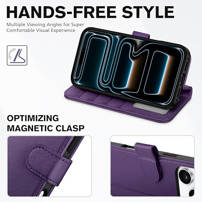 TUCCH Case Wallet for iPhone 17 Pro Max (6.9") 2025, Wrist Strap, Stand, RFID Blocking, 4 Card Holder, TPU Shockproof Inner Shell, PU Leather, Magnetic Folio Protective Cover, Deep Purple