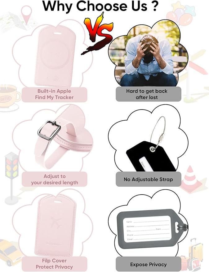 Luggage Tags Built-in Anti-Loss Tracker, Luxury Leather Luggage Tags for Suitcase, Travel Bags, Backpacks, Travel Organizer for Lost Baggage Prevention (Pink)
