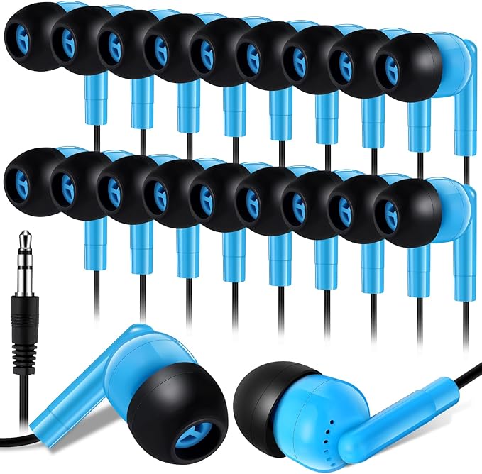 Kanayu 100 Pack Wired Earbuds Bulk for Classroom Ear Headphones Wired Basic Student Earbuds No Microphone with 3.5MM Jack for Class Laptop School Library, Individually Bagged (Blue)