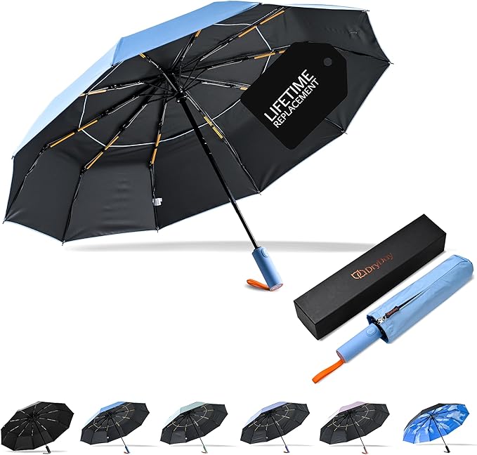 DryDay Travel Umbrellas for Rain - Large Windproof Double Canopy Umbrella, 10 Durable Ribs, Strong Frame, Auto Open Close Ergonomic Handle, Compact Waterproof Umbrella for Women & Men