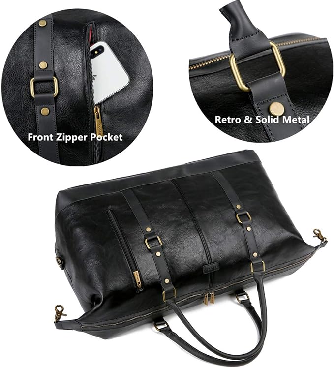 BAOSHA Faux Leather Travel Duffel Tote Bag Overnight Weekender Bag for Men and Women HB-14 (Black)