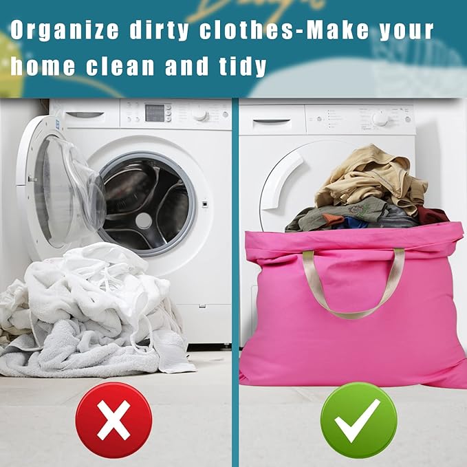 LOLOMLO Extra Large Canvas Laundry Bags with Handles & Drawstring Closure, Heavy Duty Tears Resistant Clothes Storage Travel Bags,25.5"x34",Hot Pink