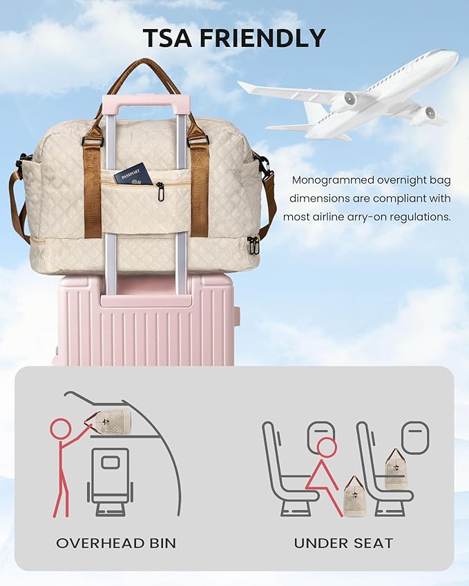 Vogewood Initial Duffle Travel Bag, Personalized Weekender Bag with Shoulder Strap, Monogram Overnight Bag for Women Wet Pocket, Letter Travel Bag with Makeup Bag Gifts for family (Letter Z), Beige