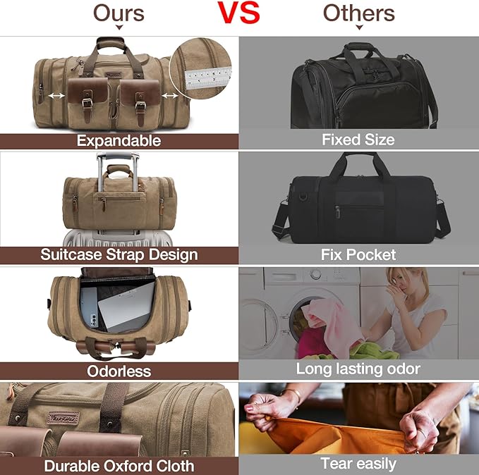 Wildroad 60L Travel Duffel Bag, Expandable Canvas Genuine Leather Duffle Bag Upgraded Overnight Weekender Bag Carry on Bag (Coffee, X Large-60L)