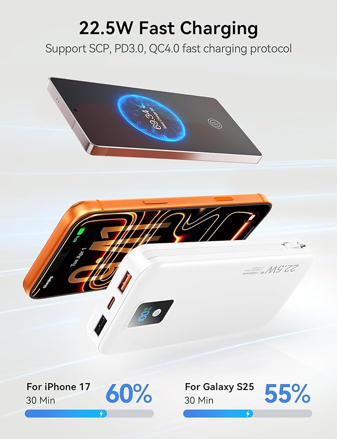 Portable Power Bank, 12000mAh 22.5W Fast Charging Phone Charger with Built-in Cables & Wall Plug, Travel Essential Battery Pack with LED Display, USB C Battery Charging Bank for iPhone, Samsung White