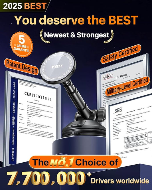 YRU [2025 Upgraded] Magnetic Phone Holder for Car【Patented & Super Magnet】 for MagSafe Car Mount Dashboard Magnet Phone Holder Windshield Phone Stand for iPhone 16 15 14 13 12 Pro Max Samsung, Grey