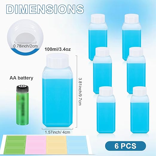 3.4oz Leak Proof Plastic Bottles with Caps, Laboratory Reagent Bottle, Reusable Small Pill Storage Containers for Travel, Classrooms, Home (6 pack translucent)