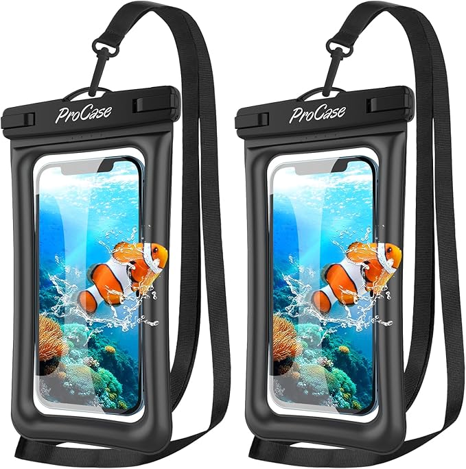 ProCase 2 Pack Floating Waterproof Phone Pouch Up to 7", IPX8 Floatable Underwater Phone Case Dry Bag for iPhone 17/Air 16 15 14 13 12 11 Pro Max Xs Max XR X 8 7 Plus SE/Galaxy S24 S23 S22 - Black