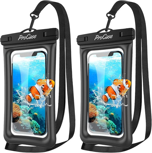 ProCase 2 Pack Floating Waterproof Phone Pouch Up to 7", IPX8 Floatable Underwater Phone Case Dry Bag for iPhone 17/Air 16 15 14 13 12 11 Pro Max Xs Max XR X 8 7 Plus SE/Galaxy S24 S23 S22 - Black