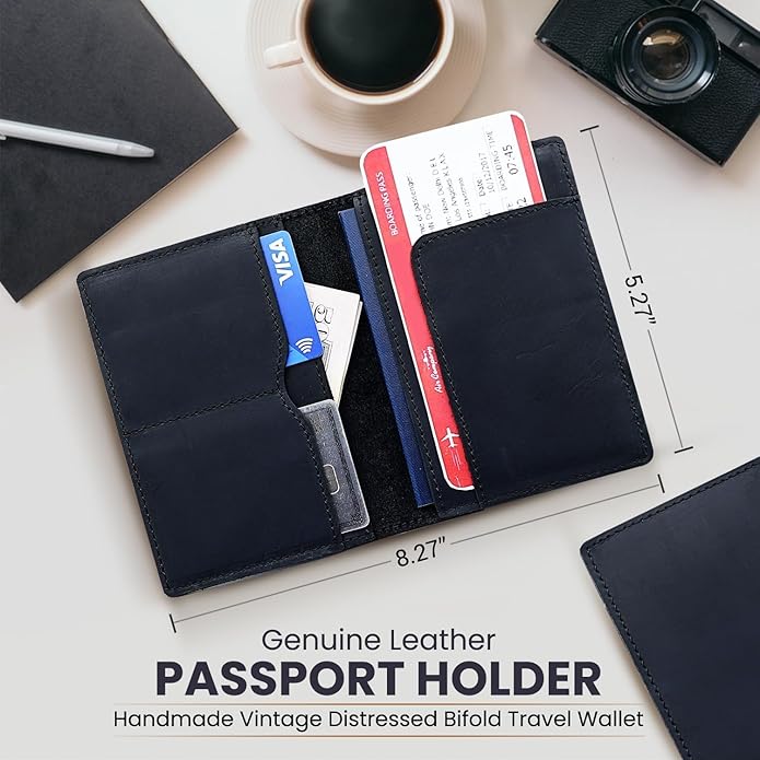 Retro Travel Genuine Leather Passport Holder with Folding Wallet Design