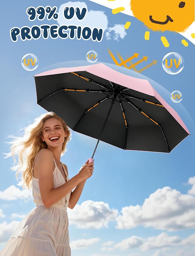 Yoobure Automatic Travel Umbrellas for Rain - Portable & Compact Umbrella for Backpack, Car, UV Umbrellas for Sun Protection, Windproof Folding Small Umbrella in Macaron for Kids, Women, Colorful