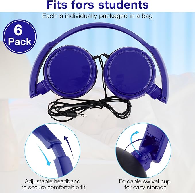 Yunsailing 6 Pack Classroom Headphones Bulk Student Wired Class Headphones Set for School with Individually Wrapped Adjustable Over Ear Head Earbuds (Navy Blue)