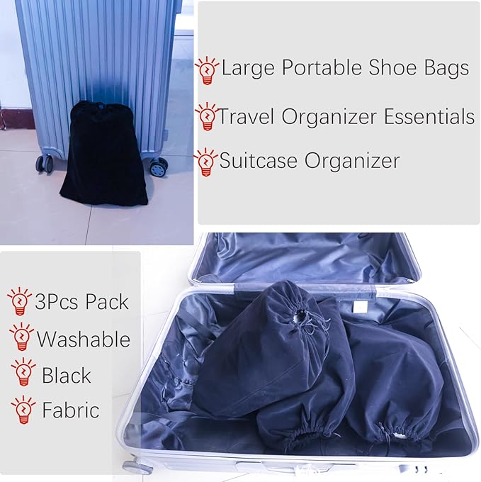 Large Shoe Bags for Travel Storage, Black Flocking Fabric Organizer for Luggage Suitcase and Shoe Rack, Portable Dust Proof Drawstring Essentials for Men Women GYM Packing