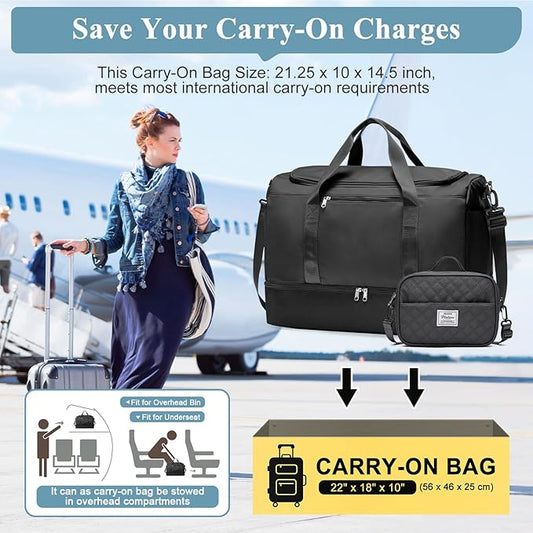 Extra Large Travel Duffle Bag,Carry on Overnight Bag with Shoes Compartment,Weekender Bags for Women for Travel Business Trips Sport Hospital,3 Pcs Set,Black