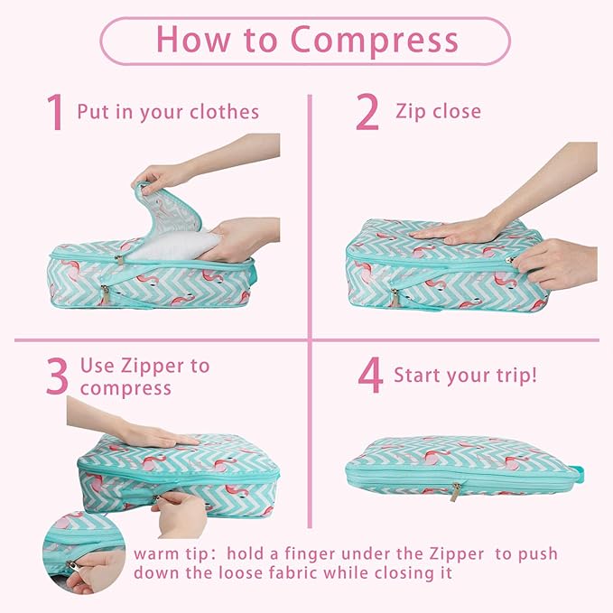 6 Pcs Compression Packing Cubes, Packing Cubes for Travel, Waterproof Luggage Organizer Bags Set, Cute Packaging Cubes for Women Kids Backpack Carry-Ons