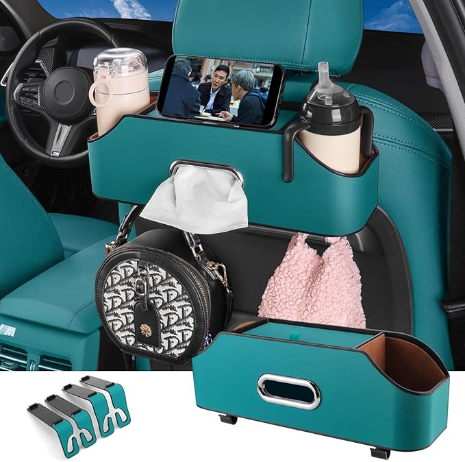 HOLDCY Car Back Seat Organizer with 2 Drink Cup Holder - Tissue Box and Storage Box Hook - Multi-functional Storage - Great for Kids and Travel (Blue)