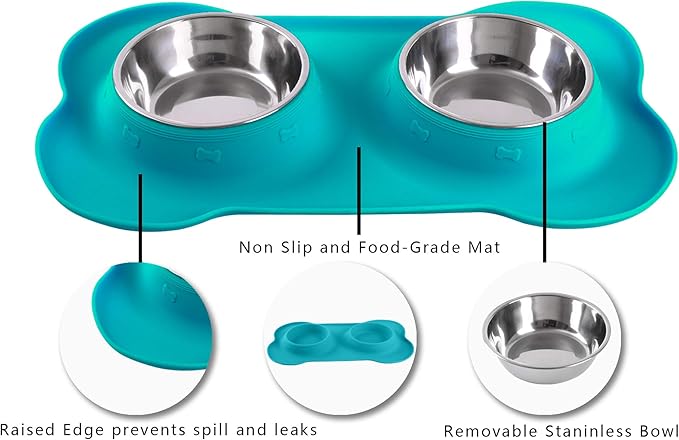 Hubulk Pet Dog Bowls 2 Stainless Steel Dog Bowl with No Spill Non-Skid Silicone Mat + Pet Food Scoop Water and Food Feeder Bowls for Feeding Small Medium Large Dogs Cats Puppies (Small, Green)
