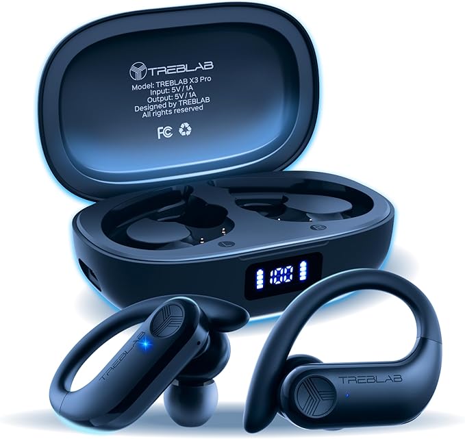 TREBLAB X3 Pro Wireless Ear Buds Bluetooth, 145H Long Battery Life Workout Headphones with Secure Ear Hooks, Bluetooth 5.3 Sport Over Ear Earbuds,Noise Isolation, IPX5 Sweatproof Earphones, 4 ENC Mics