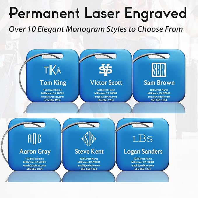 Personalized Luggage Tags for Suitcases - Stainless Steel Custom Luggage Tags for Backpacks & Bags, Sturdy, Waterproof & Heavy Duty (Blue/Square)