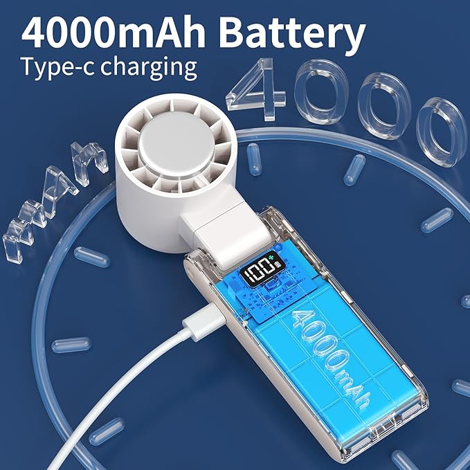 OTPEIR Portable Handheld Turbo Fan with Cooling Tech, Digital Display, 100-Speed Control, Rechargeable 4-in-1 Personal Fan for Travel, Outdoor, Office (White)