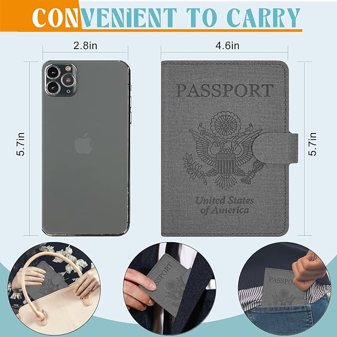 Caweet Passport Holder Cover Case Wallet, Cute Leather Travel Accessories for Women and Men, Fabric Grey