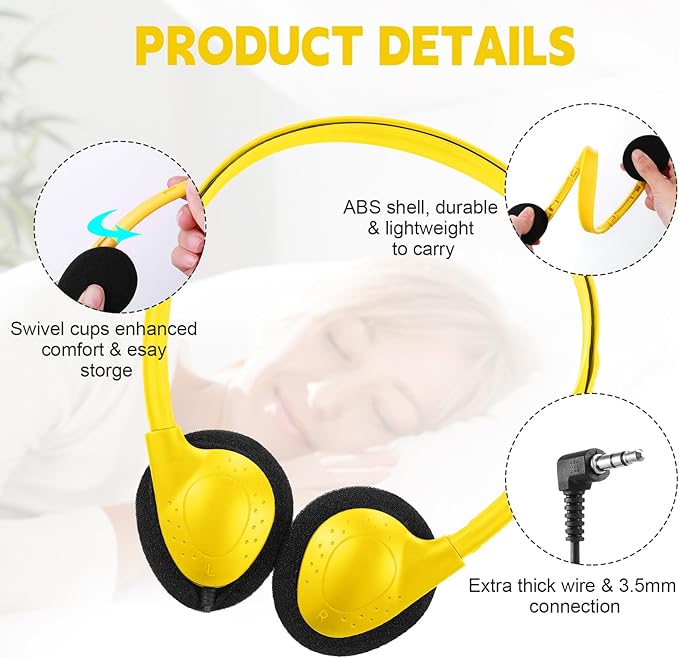 Konohan 30 Pack Headphones Bulk Headphone for School Classroom Student Wired Headphones Adjustable with 3.5 mm Jack for Adults (Yellow)